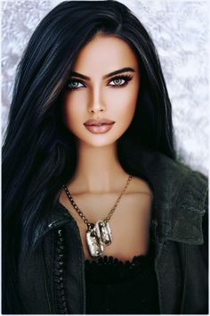 a close up of a doll with long black hair