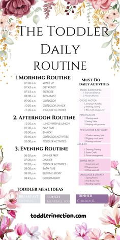 the toddler daily routine is shown with pink flowers