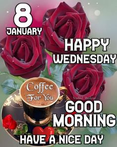 a coffee cup with roses on it and the words happy wednesday good morning have a nice day