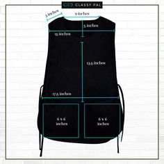 a black apron with the measurements for it