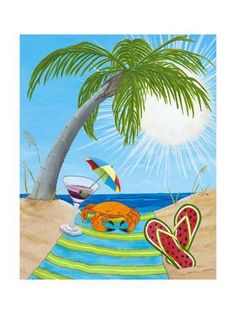 a painting of a beach scene with sun, sand and flip flops under a palm tree