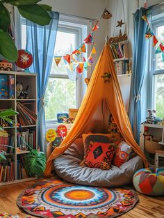 a child's bedroom with a teepee tent, bookshelf and toys