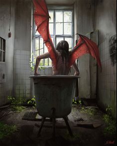 an instagram with a girl in a bathtub and red dragon wings