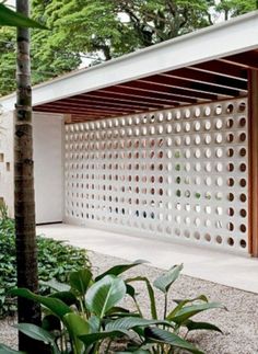 a white pergolated wall in the middle of a garden with plants and trees