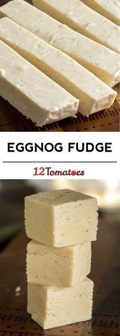 four different types of fudges stacked on top of each other with the words eggnog fudge above them