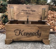 "This is a hand crafted, hand carved personalize wooden chest that can be used as a toy chest, memory keeper, doll clothes, playroom, blanket storage, pet food, pet toys & memories clothes, childhood memories Christmas present, Graduation Gift, Birthday Gift, Baby Shower, Wedding gift,  Made proudly in the USA Chest comes fully Assembled  Hand carved  Our safety feature we offer on all our chest is the soft open & soft close lid support to protect and keep little fingers safe.  The chest also co Wood Toy Box, Wooden Toy Chest, Wood Toy Chest, Woodworking Projects Unique, Camping Box, Wooden Toy Boxes, Unique Woodworking, Box Chest, Homemade Toys