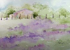 a watercolor painting of a house in the middle of a field with trees and bushes