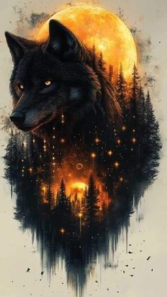 a wolf with the moon in the background and trees on it's back ground