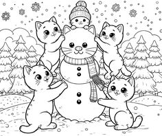 a group of cats standing around a snowman in the snow with trees and snowflakes