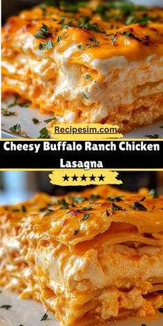 cheesy buffalo ranch chicken lasagna on a white plate with green garnish