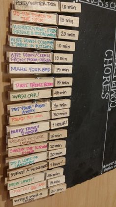 a blackboard with chalk writing on it and several pieces of wood stacked up in front of it