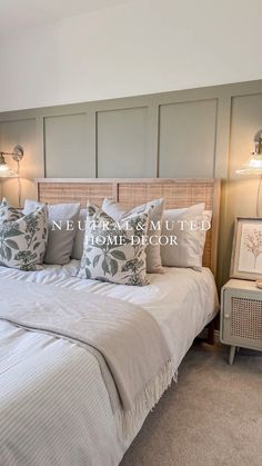 a bed with white linens and pillows in a room that has gray paneling on the walls