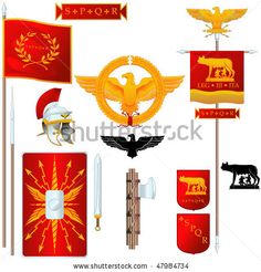 Roman standards and other symbols. Roman Symbols, Imperiul Roman, Flag Clipart, Roman Army, Empire Romain, Historical Armor, Ancient Technology, Roman Soldiers