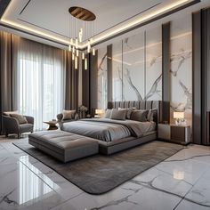 a modern bedroom with marble floors and large bed in the center, surrounded by two couches