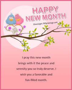 a pink card with two birds sitting on a tree branch and the words happy new month