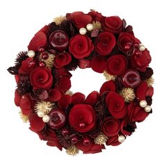 a wreath with red flowers and pearls on the bottom is shown in front of a white background