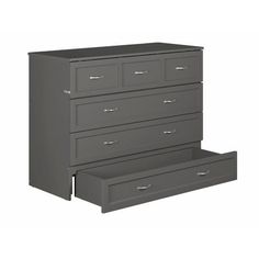 a gray dresser with three drawers and one drawer open