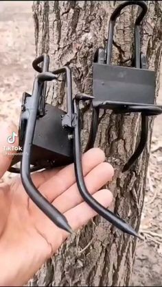 a hand is holding two black wires attached to a tree