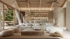 a living room filled with white furniture and lots of wood beams on the ceiling above