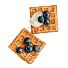 two waffles with blueberries and cream on them are shown in watercolor