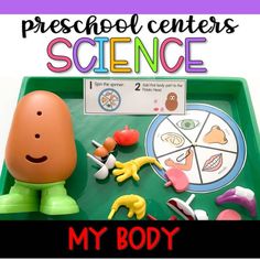 a tray with toys on it and the words preschool centers science in front of it