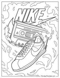 a coloring page with an image of a sneaker and the word nike on it