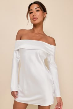 Look effortlessly sensational all through the night with the Lulus Luxurious Vision White Satin Off-the-Shoulder Mini Dress! Sleek woven satin shapes this ultra-flirty dress that features a foldover, off-the-shoulder neckline (with hidden no-slip strips) and elegant long sleeves. The figure-skimming, slip-style silhouette falls to a perfectly sultry mini hem. Hidden side zipper. Fit: This garment fits true to size. Length: Mid-thigh. Size medium measures 34" from top to bottom. Bust: Great for a Bride Exit Dress, Short White Bachelorette Dress, Winter Bride Rehearsal Dinner Dress, White Mini Bridal Dress, Fall Engagement Party Dress, Long Sleeve Mini White Dress, Engagement Party Dress Winter, White Dress White Boots, Bridal Dinner Outfit