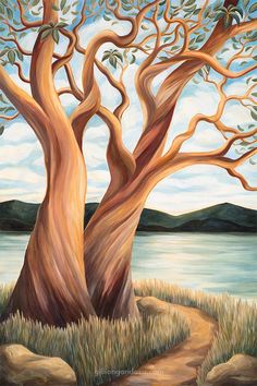 a painting of two trees by the water