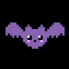 a pixel art image of a purple bat with eyes and nose, on a black background