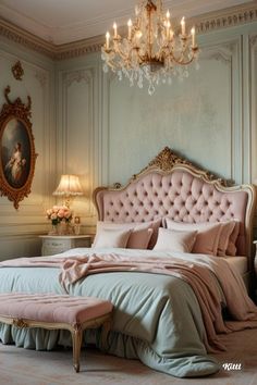 a bedroom with a pink bed and chandelier