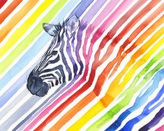 a painting of a zebra's head with multicolored stripes in the background