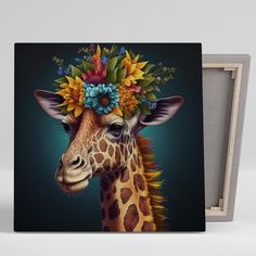 a giraffe with flowers on its head is shown in front of an open box