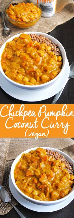 two bowls filled with chicken and pumpkin coconut curry