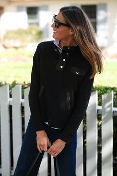 Your new favorite pullover is here! The Kendall is sporty and polished all at the same time. We love it in our smooth and soft Interlock fabric that is perfect for transitioning into the cooler months. We know you won’t want to take this off this new DL favorite all fall! FAVORITE FEATURES: Gold Snap up Placket Pockets! Black on black contrast trim Perfect Length, not too short but not too long Athleisure Fall Sweater With Ribbed Collar, Fall Athleisure Sweater With Ribbed Collar, Sporty Fall Sweater For Everyday, Sporty Everyday Fall Sweater, Sporty Fall Tops For Work, Sporty Tops For Fall Everyday Wear, Versatile Fall Sweatshirt With Ribbed Cuffs, Sporty Winter Sweater For Workwear, Black Athleisure Sweater For Fall