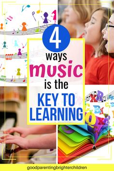 four images with the words 4 ways music is the key to learning in front of them