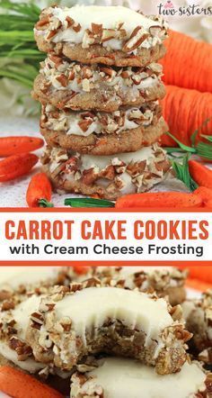 carrot cake cookies with cream cheese frosting on top and carrots in the background