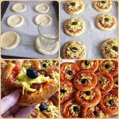 there are several pictures of different pastries on the baking sheet and in the process of making them