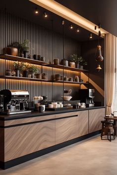 a coffee bar with lots of pots and pans