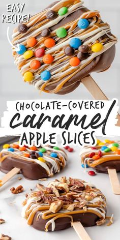 chocolate covered caramel apple slices on popsicle sticks, decorated with candy and nuts Caramel Apple Slices, Caramel Apples Recipe, Thanksgiving Menu Ideas, Halloween Food Treats, On A Stick, Halloween Desserts, Thanksgiving Menu, Caramel Apple