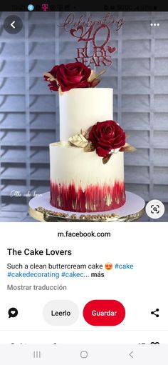 a red and white wedding cake with roses on top is featured on instagrams