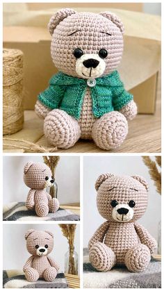 crocheted teddy bear with green collar and bow sitting on the ground next to two pictures