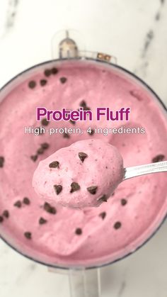 an ice cream dessert in a blender with chocolate chips on top and the text protein fluff high protein, 4 ingredients