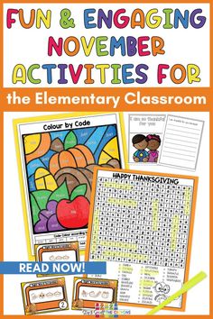 This image features November activities for the elementary classroom. Shown are a fall themed color by code, an I am Thankful writing activity, a sight word decoding task card game and a Thanksgiving word search. 2nd Grade Thanksgiving Activities, Thanksgiving School Activities, Fall Sandwich, Activities For November, Thanksgiving Classroom Activities, November Classroom, Thanksgiving Kindergarten