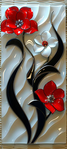 a decorative glass panel with red flowers on white and black wavy lines in the center