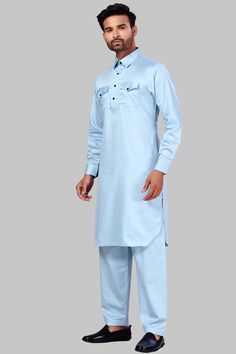 Buy Men's Polyester Solid Kurta Set in Sky Blue Online - Front Solid Kurta Set, Sky Colour, Sky Color, Buy Buy, Kurta Set, Top Fabric, Solid Tops, Things To Buy, Sky Blue