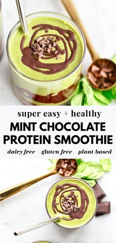 two glasses filled with chocolate and green smoothie