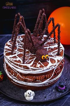 a chocolate cake with white frosting and spider decorations