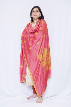 This silk dupatta is not just a piece of clothing, it is a weave of tradition representing the heritage of India gracefully. To enhance its beauty it is printed with peacock, lotuses and a mandala. With this, your ethnic suits and Kurtis will look even more pretty by enhancing your femineity. Specifications: 1)Material- Soft Silk 2) Length- 2.5 m 3) Print Type- Digital Print( Mandala artwork peacock and lotuses) 4) Colors- Available in Pink, Dark green and peach colors. 5) Care Instruction- Dry Clean Only 6)Please Note- The color of the product may slightly vary due to digital photography or your monitor / mobile settings. 7) Brand name- Mudita by Lejina 8) Conceptualized and Created in- India 9) Gold beads on all sides of Dupatta Features: 1. To take its elegant appearance a level up it i Bollywood Style Slub Silk Dupatta For Eid, Festive Pink Tussar Silk Kurta, Anarkali Kurta With Zari Work For Rituals, Pink Tussar Silk Kurta With Dupatta, Pink Slub Silk Dupatta For Transitional Season, Chanderi Kurta With Dupatta For Rituals, Eid Kurta With Dupatta For Rituals, Diwali Slub Silk Dupatta, Motif Dupatta For Puja During Navratri