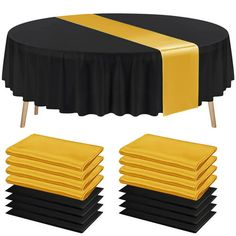 black and yellow table cloths with matching placemats on wooden legs for seating