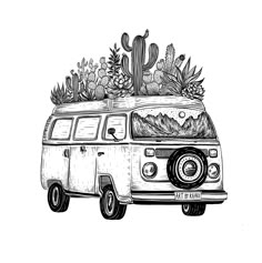 a drawing of a van with plants and cacti on the roof is shown in black and white